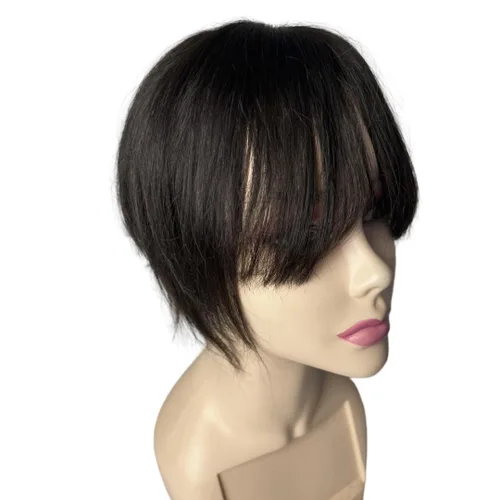 Miniatura 4 de Anemone Peluca de cabello humano con clip para mujer, con flecos de aire 3D, base de poliuretano invisible para cabello fino y cuero cabelludo Negro