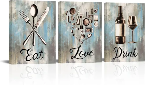 LyerArtork Imágenes de cocina para el hogar, arte de pared, utensilios vintage, impresiones en lienzo, pinturas de letrero de "Eat Love Drink",