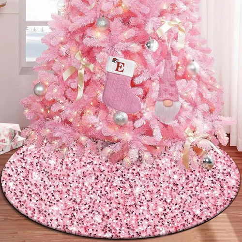 Miniatura 7 de yuboo Falda de árbol de Navidad de lentejuelas rosas de 48 pulgadas, falda de árbol de Navidad con purpurina rosa rubor para una amplia gama