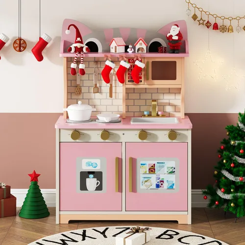 Miniatura 9 de knoworld Cocina de madera de juguete para niños de 3 a 8 años, juego de cocina con diseño de gato con microondas, estufa, fregadero, perillas