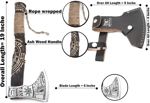 Miniatura 2 de Hacha vikinga forjada a mano de 19 pulgadas, eje de madera de rosa, hacha barbuda de acero al carbono grabada para acampar, regalo vikingo para HACA