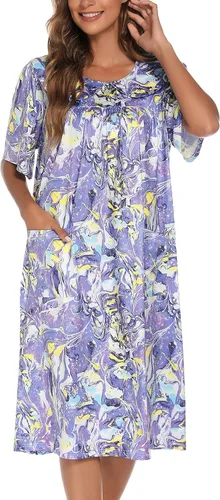 Miniatura 3 de AVIIER Vestido de casa para mujer, manga corta, vestidos de descanso Mumu con bolsillos