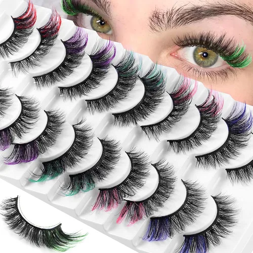 Pestañas de Ojos de Colores, 10 Pares de Pestañas de Tira de Visón Ruso con Color en las Puntas, Mezcla de Extensiones de Pestañas Postizas