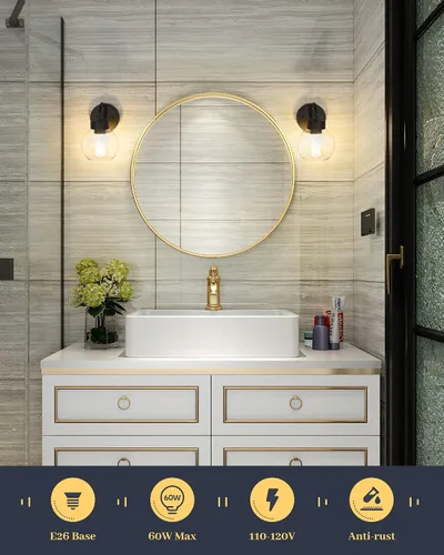 Miniatura 4 de EAPUDUN WLA1433-MBK - Lámpara de baño de 1 luz negra mate sobre espejo, luces de tocador con 1 globo de vidrio transparente, apliques de pared