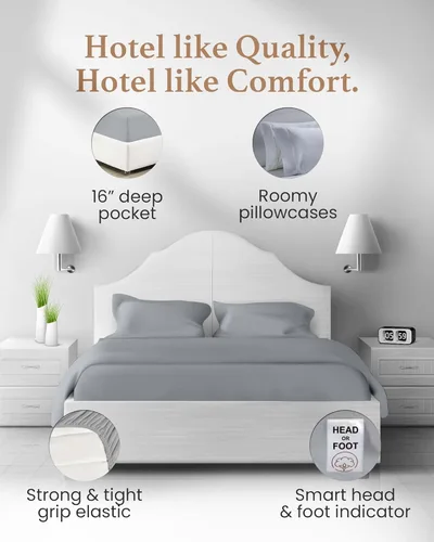 Miniatura 4 de Good Sleep Bedding Juego de sábanas tamaño King con bolsillos profundos – 4 piezas, juego de sábanas de algodón egipcio, camas tamaño King, con Gris