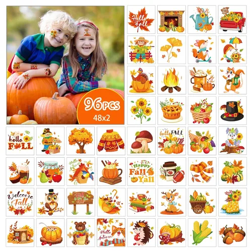 Miniatura 3 de HOWAF 96 tatuajes temporales de otoño para niños, tatuajes faciales de cosecha de otoño para bienvenida, otoño, hola, suministros de decoración