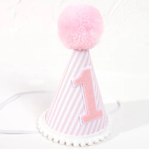 Miniatura 7 de Sombrero de fiesta de primer cumpleaños rosa y blanco - Corona de primer cumpleaños para niña con accesorios para fotos para decoraciones y vestidor