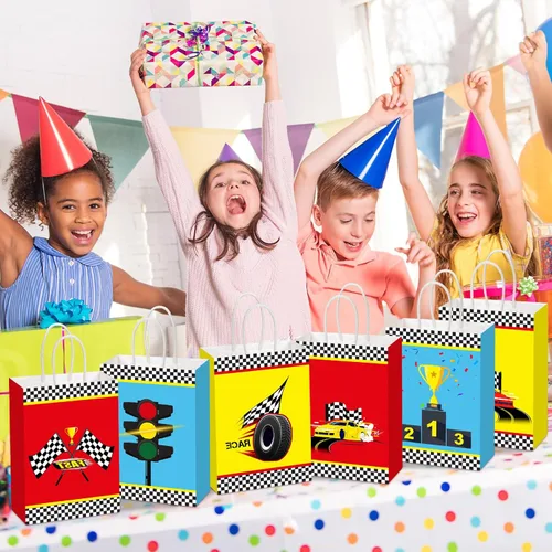 Miniatura 5 de Outus 24 bolsas de recuerdo de fiesta de auto de carreras, suministros de fiesta de cumpleaños, bolsas de regalo con asas para bandera a cuadros