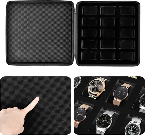 Miniatura 3 de 15 ranuras reloj caja organizadorhombres reloj pantalla caja de almacenamiento se adapta a todos los relojes de pulsera y relojes inteligentes