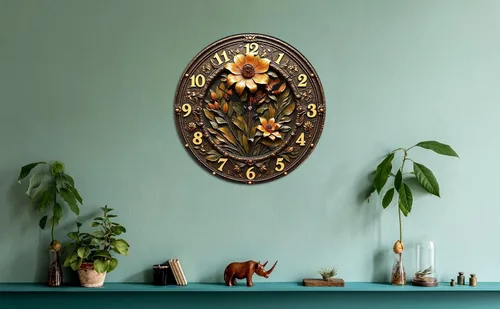 Miniatura 7 de Reloj de pared de madera de flor ornamentada de bronce con detalle grabado en relieve 9.8x9.8 in