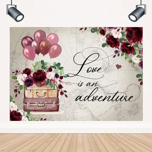 Miniatura 4 de Telón de fondo de despedida de soltera de viaje para fotografía, Love is Adventure Around The World, fondo de boda, maletas florales rojas vintage