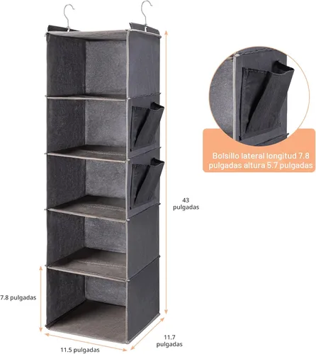 Miniatura 3 de BOOMIBOO Organizador de armario colgante y estantes, 5 estantes colgantes con 2 bolsillos laterales, almacenamiento plegable (gris)