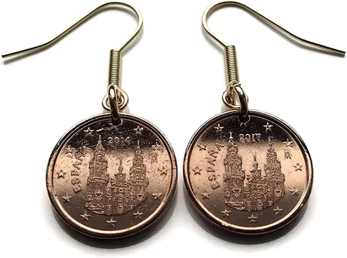 España Spain 1 Euro Cent coin earrings Santiago de Compostela cathedral apostle Lugo Way of Saint James the Great Catholic church Iglesia Camino de
