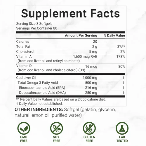 Miniatura 2 de Aceite de hígado de bacalao salvaje capturado 2,000mg por porción, 240 cápsulas blandas – EPA DHA Omega 3 de fuerza extra con vitamina D y A – sin