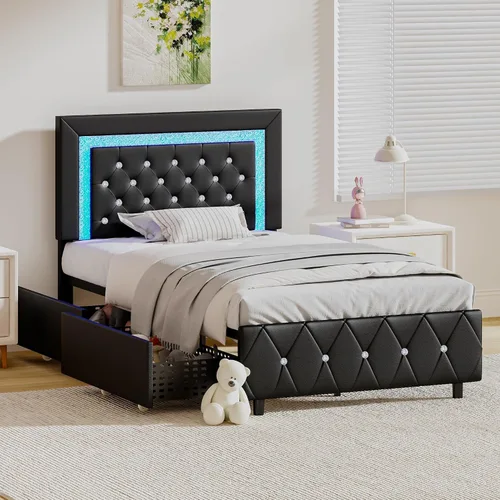 Miniatura 8 de BarnFurin Marcos de Cama Individual con Luces LED y Cajones de Almacenamiento, Marco de Cama Tapizado con Cabecera de Diamante, Cama de Plataforma