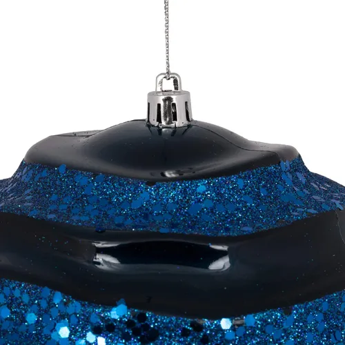 Miniatura 2 de Vickerman Esfera ondulada de adorno de Navidad de 6 pulgadas, acabado de caramelo a rayas azul medianoche con detalles de purpurina, plástico
