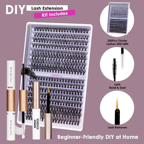 Miniatura 3 de Kit de extensión de pestañas DIY 320 piezas, racimos de pestañas individuales naturales de 10-16mm C/D rizado con pinzas adhesivas, removedor