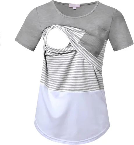 Miniatura 6 de Bhome Camiseta de lactancia con bloque de color de manga corta para lactancia materna camisa de embarazo con bolsillo