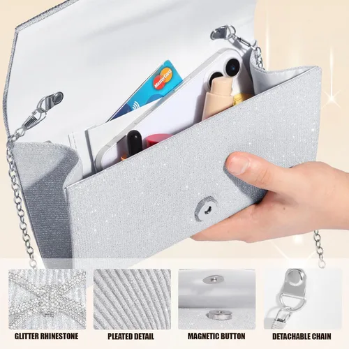 Miniatura 5 de Bolso de noche para mujer, bolsos de mano con lazo brillante, bolsa cruzada, bolsa de boda, fiesta de diamantes de imitación con purpurina