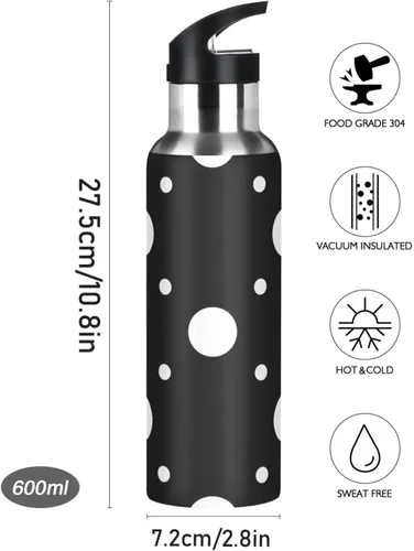 Miniatura 9 de White Polka Dots Black Insulated Water Bottle 20 Oz Leakproof Water Bottles, BPA-Free Sports Water Bottle with Straw