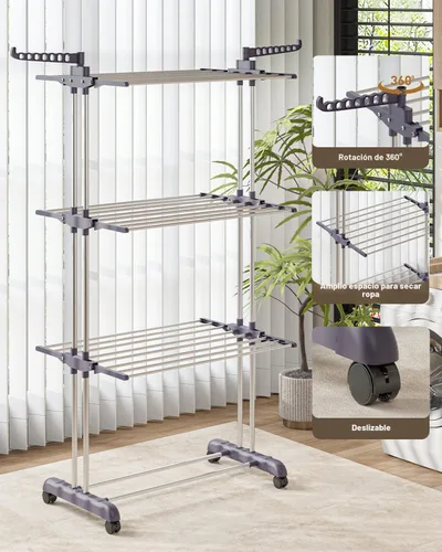 Miniatura 3 de Bigzzia Tendedero de Ropa Plegable Tendedero de Secado de Ropa de 4 Niveles Tendedero de Ropa con Dos Alas Laterales de Acero Inoxidable Gris