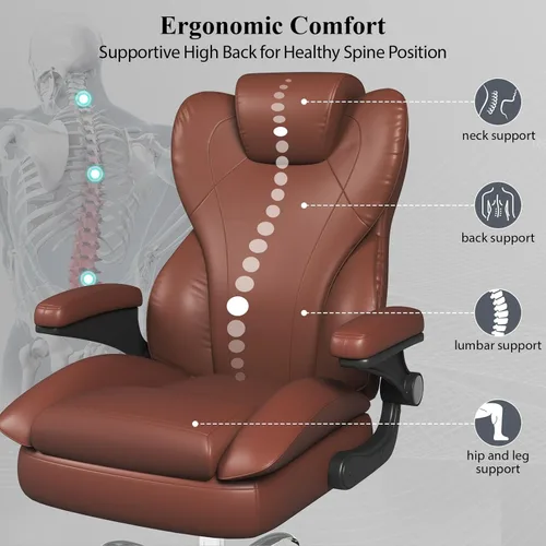 Miniatura 6 de Silla de escritorio de oficina, silla de oficina ejecutiva de cuero, silla de escritorio ergonómica de respaldo alto con brazos abatibles Marrón