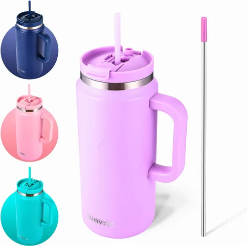 Miniatura 26 de FAHRMOSIS Vaso de 40 onzas con asa y pajita, taza aislada que cabe en el portavasos para bebidas frías y calientes, vaso a prueba de fugas