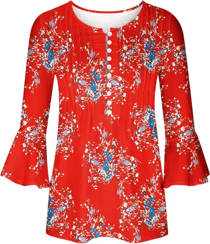 Miniatura 20 de Ceboyel Blusa tipo túnica con estampado floral para mujer, con botones, estilo Henley, con manga de codo, casual, trajes de moda para mujer