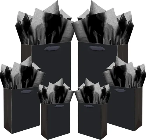 Miniatura 10 de qiqee 24 bolsas de regalo negras con papel de seda para bodas, cumpleaños, suministros de fiesta, bolsas de regalo de cartón de tamaño mediano