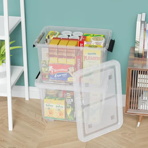 Miniatura 6 de Paquete de 4 cajas de almacenamiento con pestillo transparente de 30 litros, contenedores grandes de plástico con ruedas