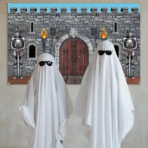Miniatura 5 de Decoraciones medievales para fiestas, telón de fondo de pared de piedra con armadura de caballero, grande de 73 x 43 pulgadas, poliéster