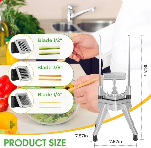 Miniatura 2 de Cortadora comercial de verduras y cortador de papas fritas de acero inoxidable - Incluye 3 tamaños de cuchillas (1/2", 3/8", 1/4") - Perfecto