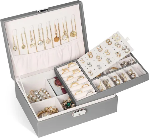 Miniatura 8 de Joyero para mujeres y niñas, contenedor organizador de joyas de 2 capas con cerradura, estuche de almacenamiento de piel sintética con bandeja