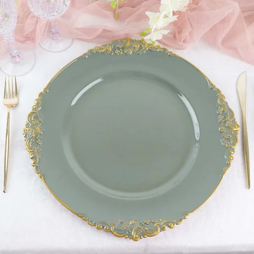 Miniatura 13 de Tableclothsfactory Paquete de 6 platos barrocos redondos de oro transparente de 13 pulgadas, borde en relieve de hojas para decoración de mesa