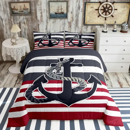 Miniatura 28 de Juego de edredón Lake House tamaño Twin, juego de ropa de cama náutica de navegación con ancla de 2 piezas para decoración de habitación de niños