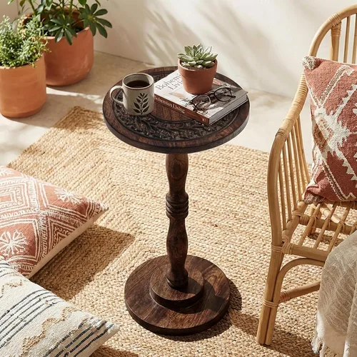 Miniatura 4 de Mesa auxiliar de madera rústica de 12 x 22 pulgadas, mesa auxiliar tallada a mano, mesa de noche con acabado quemado para dormitorio, mesa