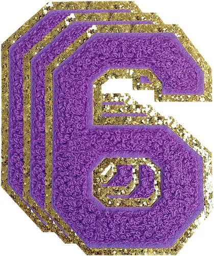 Miniatura 207 de 3 parches de números de chenilla negra, tamaño grande de 4-1/2" parches de números para planchar, parches universitarios para ropa, 8" Borde oro rosa