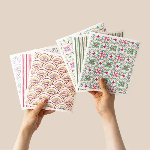 Miniatura 21 de RECYCO Paños suecos para cocina Paquete de 5 trapos geométricos lavables Toallas de papel de limpieza reutilizables de celulosa Paño