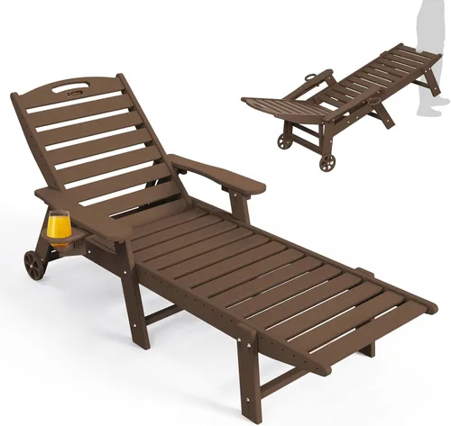 Miniatura 9 de Ciokea Silla de Descanso para Exteriores, Tumbona de Gran Tamaño con 5 Posiciones, HDPE, Silla de Descanso de Patio con Ruedas y Portavasos para Gris