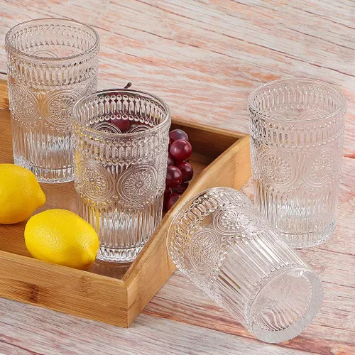 Miniatura 6 de MDLUU Vasos de agua en relieve, cristalería romántica, vasos de beber vintage, vasos de vidrio para jugo, bebidas, cóctel, capacidad de 12.5 onzas