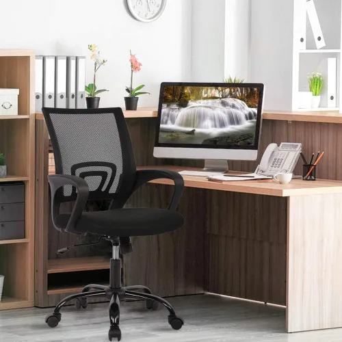 Miniatura 2 de Silla de escritorio para computadora, ergonómica, respaldo medio, silla de malla con soporte lumbar y reposabrazos, moderna, altura ajustable, Negro