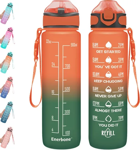 Miniatura 34 de Enerbone Botella de agua potable de 32 oz con tiempos para beber y popote, motivacional con correa para llevar, a prueba de fugas, sin BPA ni