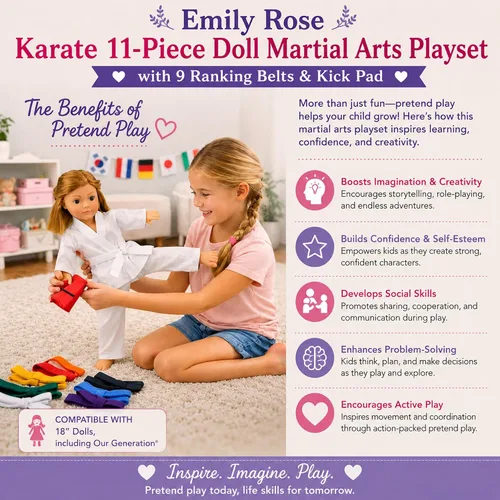 Miniatura 3 de Emily Rose - Conjunto de 11 piezas de ropa y accesorios para muñecas de taekwondo de artes marciales de 18 pulgadas con 9 cinturones