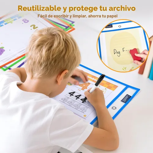 Miniatura 3 de Gamenote - Paquete de 30 bolsillos de borrado en seco con 5 anillas, 10 colores surtidos, fundas de plástico reutilizables de gran tamaño de 10x14