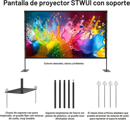 Miniatura 7 de STWUI Pantalla de proyector con soporte, pantalla de proyector para exteriores de 100 pulgadas, pantallas de proyector portátiles 16:9 4K HD