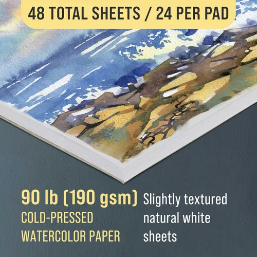 Miniatura 3 de U.S. Art Supply Bloc de papel de acuarela pesado de alta calidad de 9 x 12 pulgadas, paquete de 2 (24 hojas cada uno), 90 libras (6.70 oz/m²)
