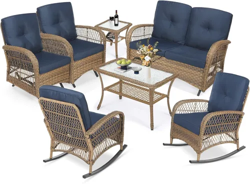 Miniatura 55 de MEETWARM Juego de 3 piezas de mimbre giratorio para patio al aire libre, mecedoras, juegos de muebles de patio de ratán con cojín grueso y mesa