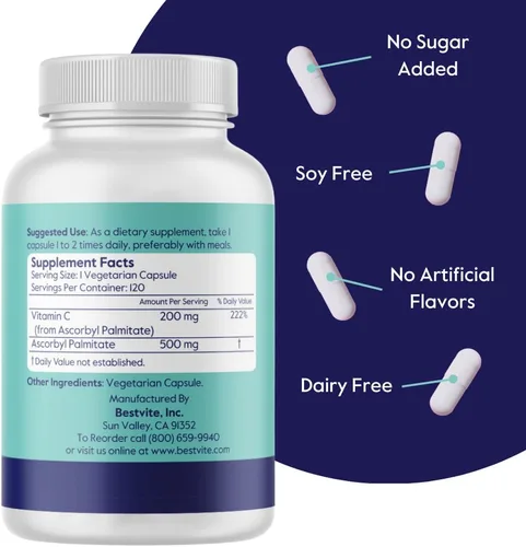 Miniatura 2 de BESTVITE Palmitato de ascorbilo 500 mg (120 cápsulas vegetarianas) - Sin estearatos - Sin rellenos - Sin agentes de flujo