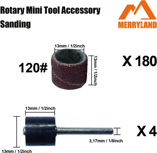 Miniatura 3 de Merryland Banda de lijado de tambor para Dremel 184 piezas, 120 # 1/2 pulgada manga de lijado 180 piezas y mandril 4 herramientas rotativas