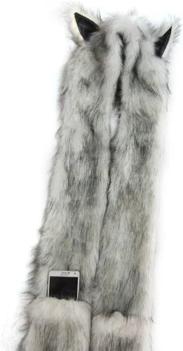 Miniatura 4 de Bufanda de felpa de invierno con capucha y lindos guantes de pata de animal con bolsillo suave 3 en 1